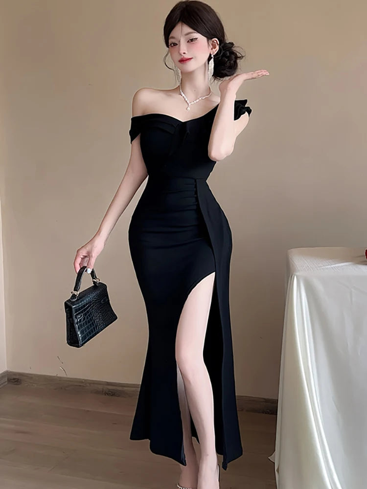 Lunivop  Women Red Off Shoulder Ruffled Sexy Slong Long Dress Summer Elegant Luxury Slit Dress Korean Vintage Festival Evening Dress