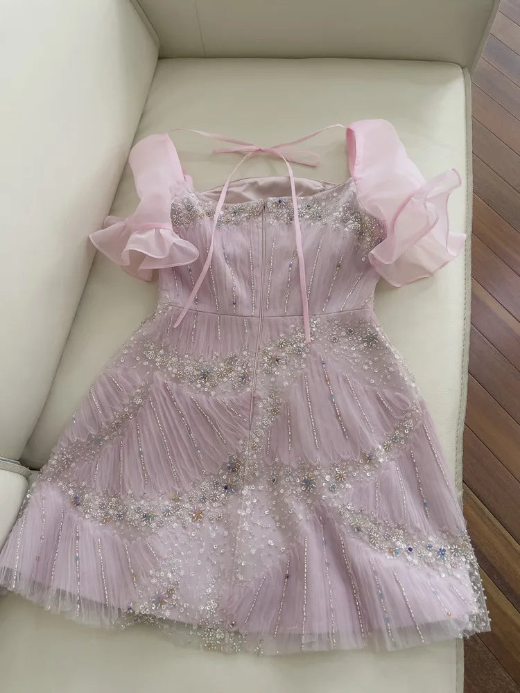 Lunivop  Fashion Sequin Casual Dress Women's Slash Neck Short Sleeve Waist Retraction Dresses 2025 Summer New Tide