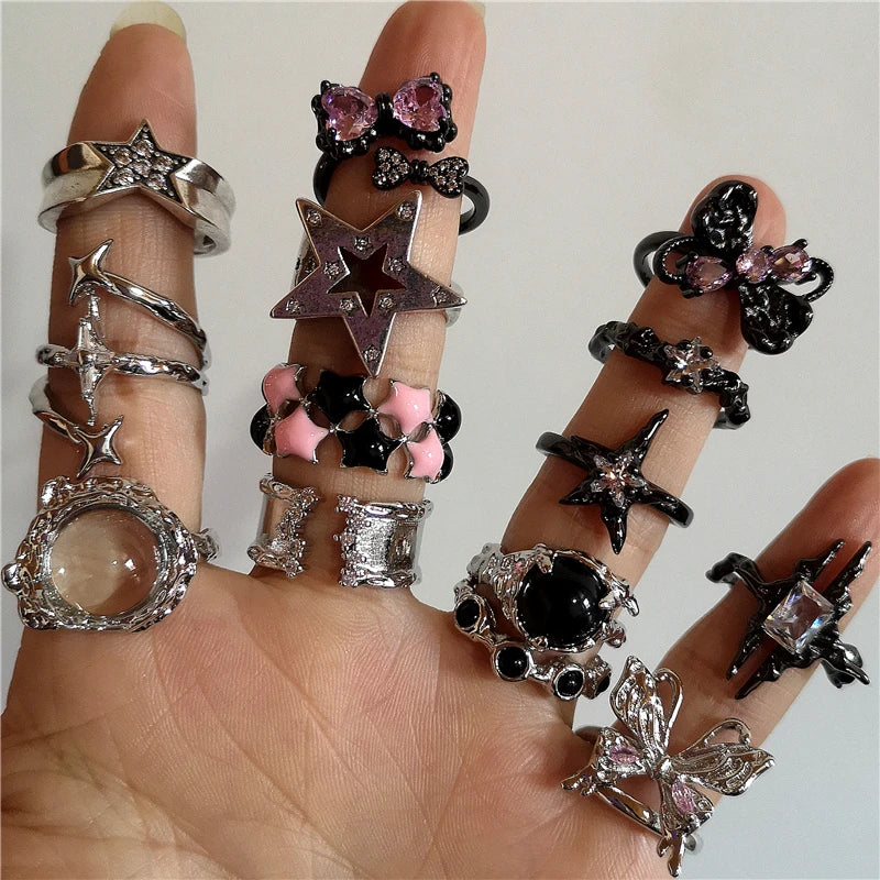 Lunivop Fashion Gothic Bowknot Pink Zircon Rings Y2K Star Crystal Opal Ring Goth Star Butterfly Rings For Women Girl Aesthetic Jewelry