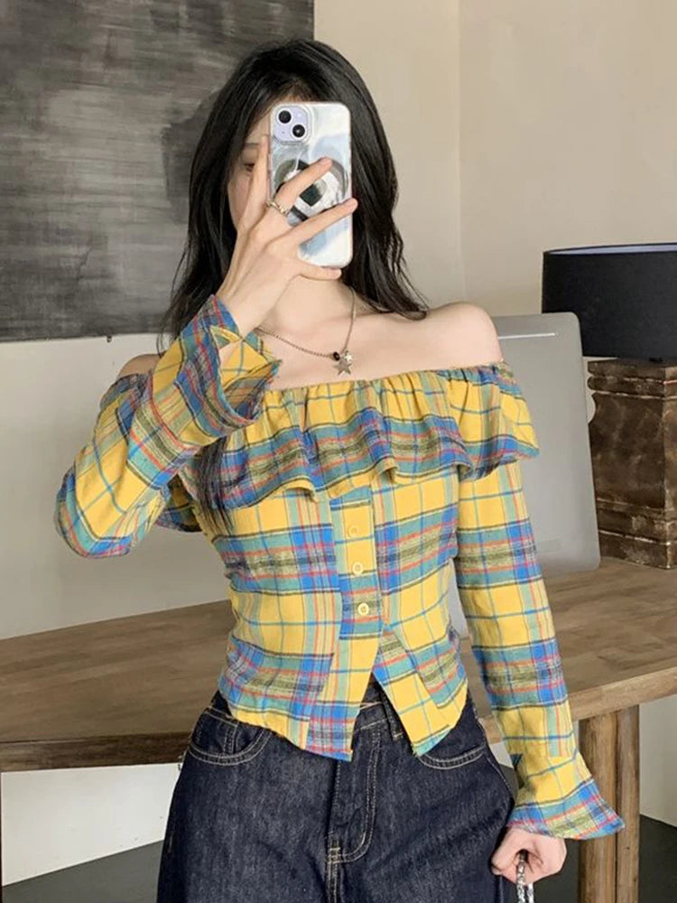Lunivop Ruffles Off Shoulder Plaid Shirt Women Flare Sleeve Slim Sexy Slash Neck Blouse Korean Vintage Female Sweet Elegant Tops