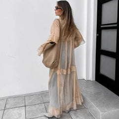 Lunivop Khaki Casual Loose Maxi Dress for Women Sexy See Through Bikini Cover Up Fashion Ruffle Long Sleeve Club Party Outfits 2024