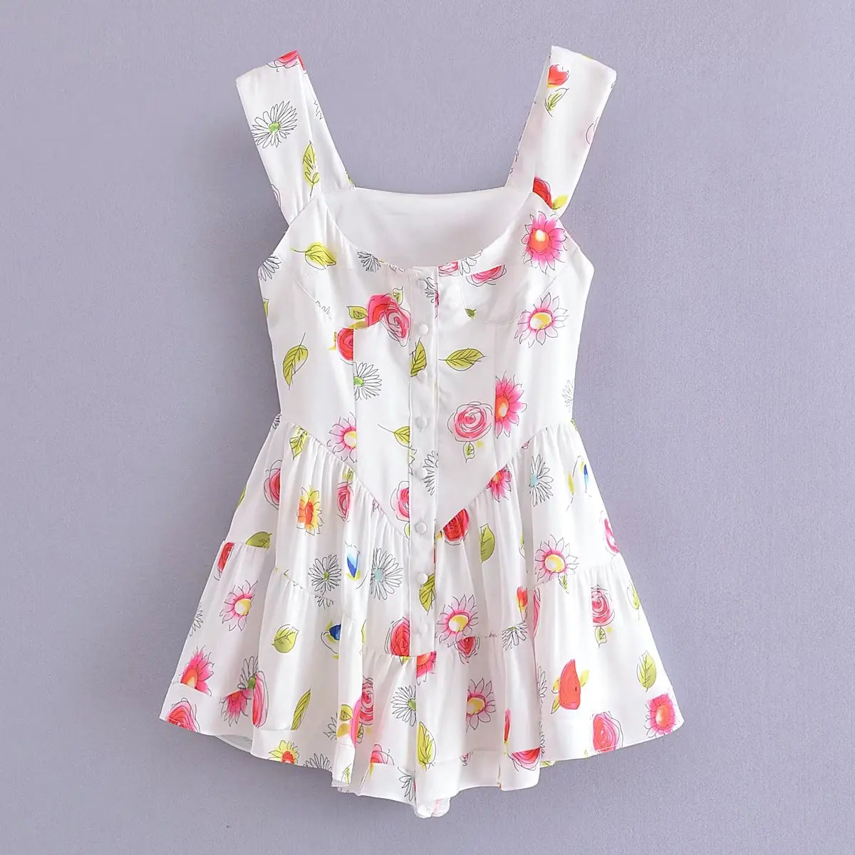 Lunivop  Summer U Collar White Print Flower Sleeveless Bodysuits Women Ruched Ruffles Hem Skirt-shorts Jumpsuit Tank Romper Overalls