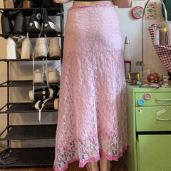 Lunivop  Y2K Sweet Pink Lace Irregular Split Skirt Streetwear Contrast Aesthetic Stylish Flowy Long Skirts Cute Outfits Summer