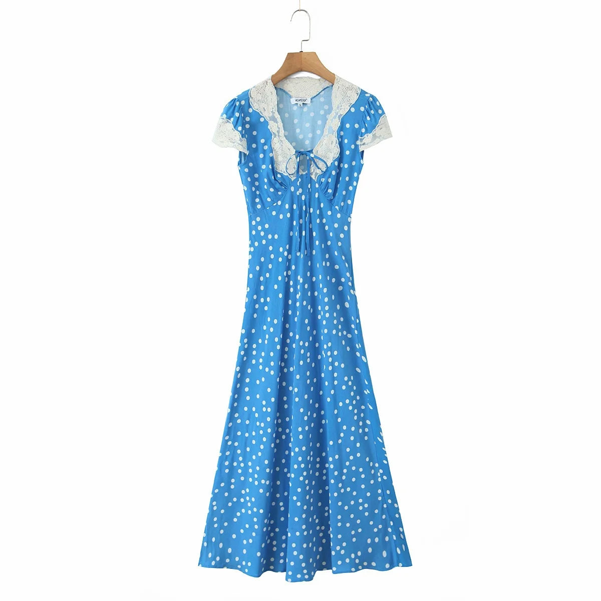 no  Lunivop  Women Retro French Style Blue Polka Dot Spliced Lace Bow V neck Short Sleeve Dress Summer Maxi Long Dresses Robe Femme Vestidos