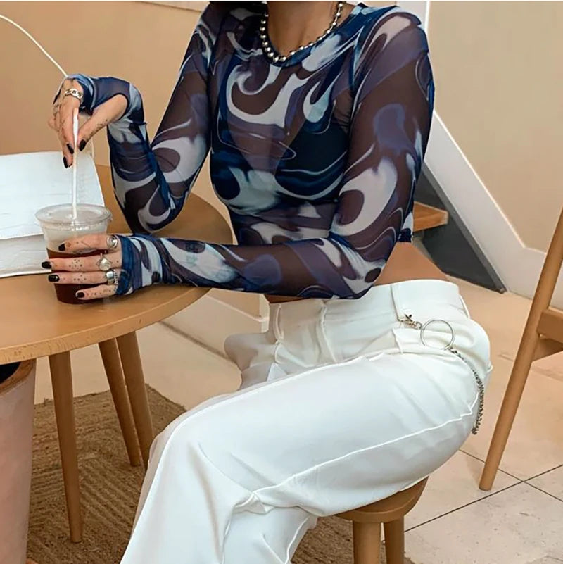 Lunivop Sexy Crop Top Y2K Vintage Harajuku Graphic Print Mesh Sheer T-shirt Long Flare Sleeve Slim Fit Women Clothes Aesthetic