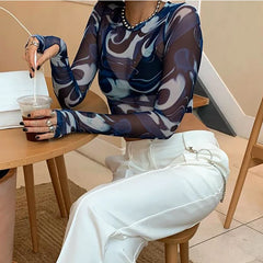 Lunivop Sexy Crop Top Y2K Vintage Harajuku Graphic Print Mesh Sheer T-shirt Long Flare Sleeve Slim Fit Women Clothes Aesthetic