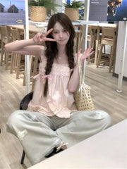 Lunivop  Sweet Pink Lace Patchwork Camisole Vest Y2k Loose Sleeveless Top for Women 2025 Summer New All-match Casual Tank Top