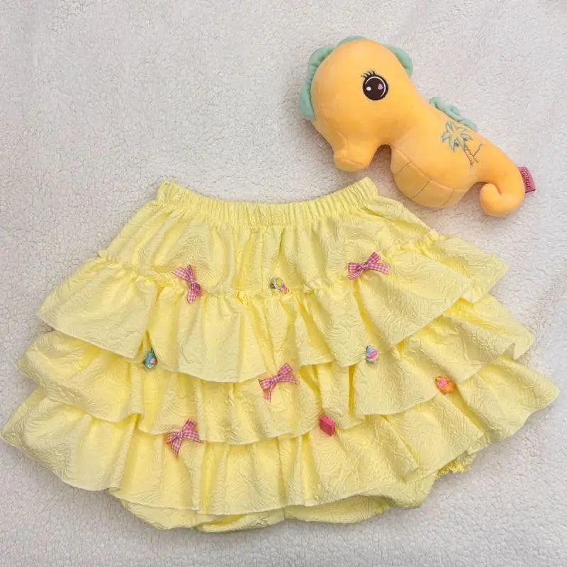 Lunivop  Korean Sweet Summer New Female High Waist Patchwork Folds Cartoon Bow Fashion Sexy High Street Loose Ball Gown Short Skirts