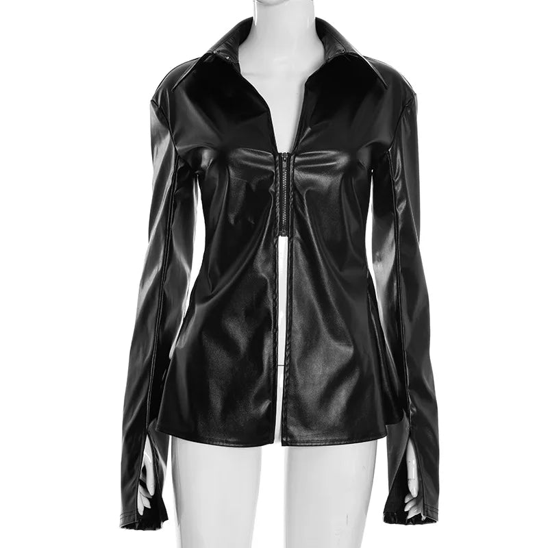 Lunivop  Asymmetrical PU Leather Jackets Women Turn Down Collar Hollow Out Zip-up Long Sleeve Slim Coat Y2K Streetwear Cardigan Clubwear