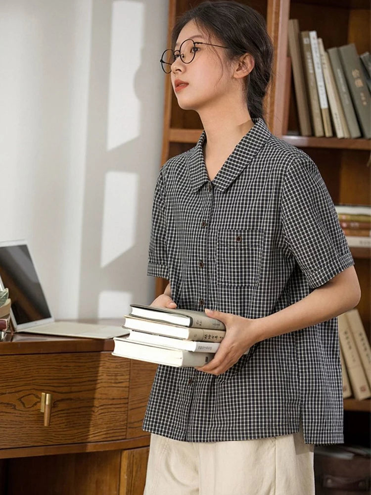 Lunivop Japan Plaid Shirt Women Vintage Causal Short Sleeve Simple Blouse Preppy Style Retro Loose Female Summer Cute All Match Top