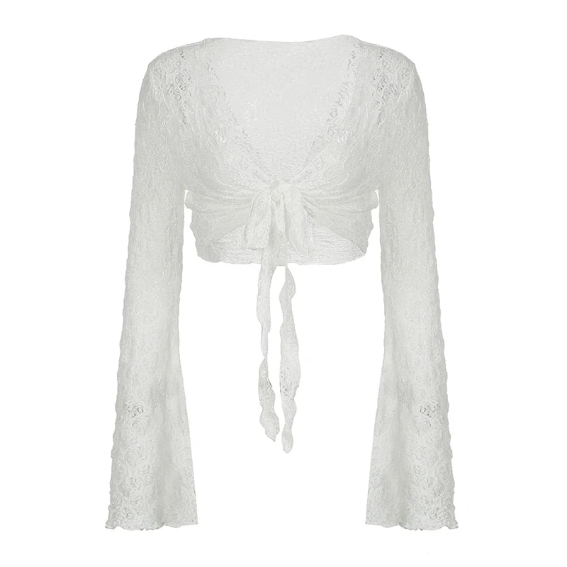 Lunivop  Streetwear y2k Lace Smock T-shirt Solid White Flared Full Sleeve Bandage Cardigan Crop Top Women Vintage 2000s Tees Shirt