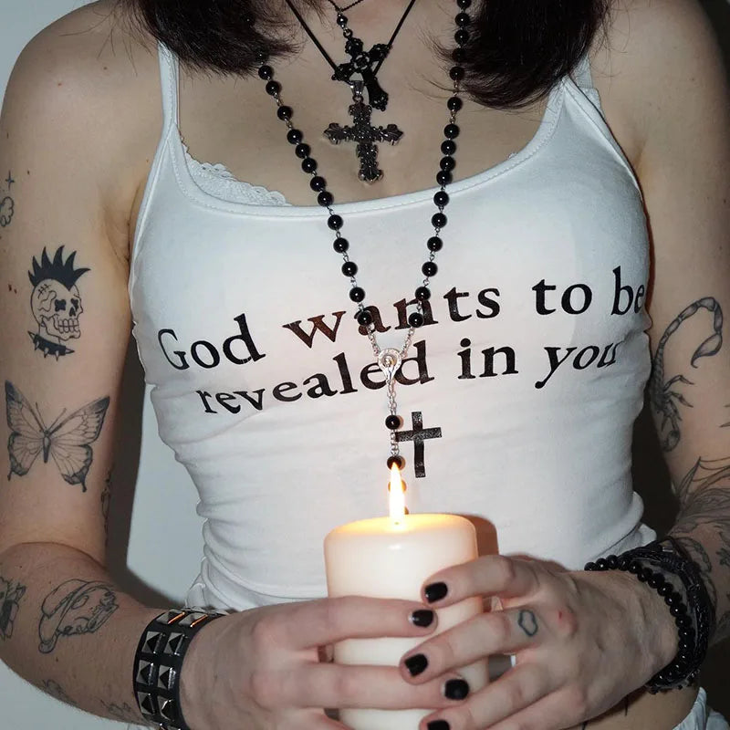 Lunivop God Wants To Be Revealed In You Print Sexy Sleeveless Backless Crop Top Camisole