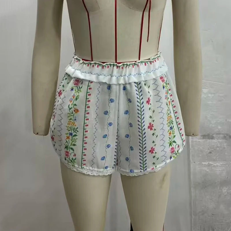 Lunivop  Two Piece Set Spaghetti Strap Asymmetric Top Lace Trim Shorts Loose Fit Summer Chic Resort Lady Casual Suit