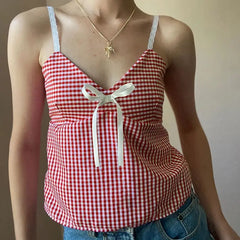 Lunivop  Kawaii American Girl Plaid Bow Sweet Suspender Vest Plaid Lace Strapless Blouse Y2k Design All-match Girls Camisole