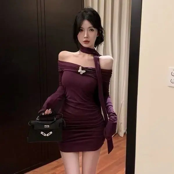 Lunivop  Y2k Sexy Off Shoulder Halter Dresses Spring Summer New Long Sleeve Vestidos De Mujer Slim Waist Bodycon Dress for Women