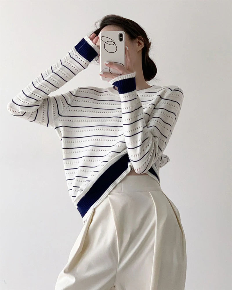 Lunivop Vintage Elegant Striped Sweaters Women Loose O Neck Hollow Out Knitted Pullover French Retro Long Sleeve Casual Jumper Tops