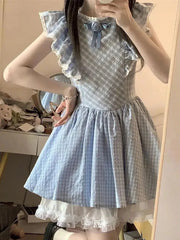 Lunivop  Cute Sweet Blue Plaid Dress Women Elegant 3D Floral Flying Sleeve Mini Dress Japan Vintage Slim Kawaii Lace Patchwork Dress