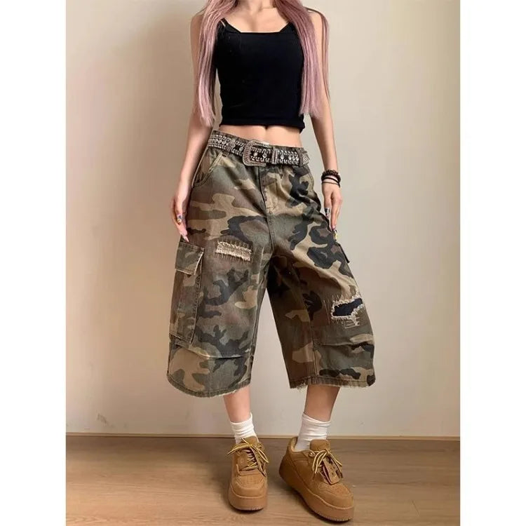 Lunivop  American Vintage Hole Camouflage Shorts 2025 Summer Casual Calf- Length Pants Straight Loose Wide Leg Jeans for Women