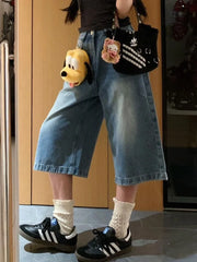 Lunivop  American Washed Denim Shorts for Women Summer Vintage Straight Wide Leg Jeans Pants 2025 New Loose Calf- Length Pants