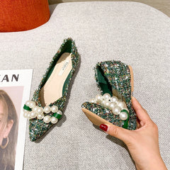 Lunivop  Flat Shoes for Women Spring Summer New Big Pearls Green White Women Flats Slip on Casual Loafers Zapatillas Mujer 44 45 46
