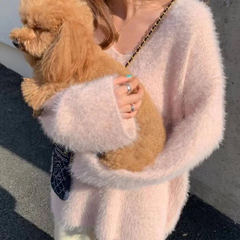 Lunivop Fuzzy Mohair Knit Sweater Pullover Women Cozy Long Sleeve V-Neck Plain Jumper Soft Knitwear Teen-girl Fall Winter Casual Outfit