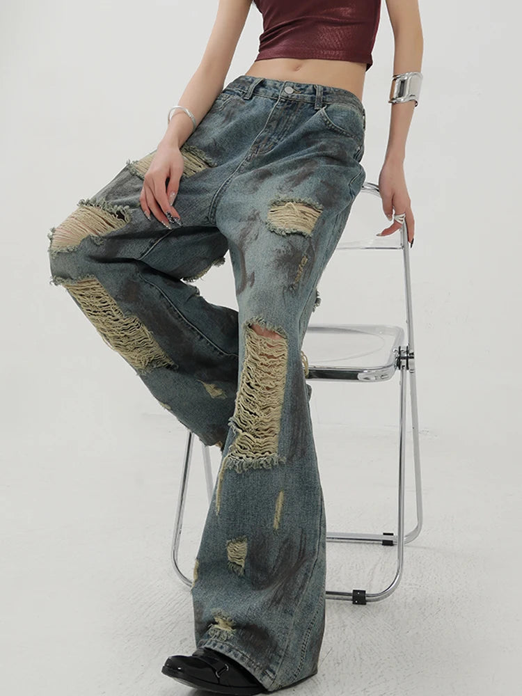 Lunivop  Streetwear Hole Y2K Jeans Women Vintage American High Waist Harajuku Denim Pant Loose Hip Hop Design Lady Wide Leg Trousers