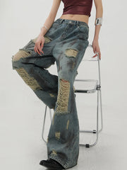Lunivop  Streetwear Hole Y2K Jeans Women Vintage American High Waist Harajuku Denim Pant Loose Hip Hop Design Lady Wide Leg Trousers