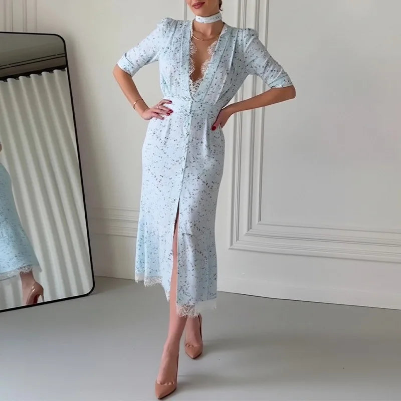 Lunivop  Chic Lace Trimmed Printed Dress Women Elegant Deep V-neck Waist Cinching Split Short Sleeve Maxi Dress Lady Party Vestidos