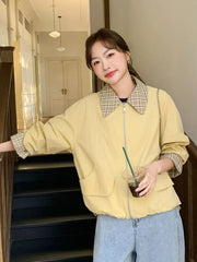 Lunivop Sweet Cargo Jacket Women Loose Preppy Style Plaid Patchwork Short Coat Casual Korean Fashion Long Sleeve Fall Winter Tops