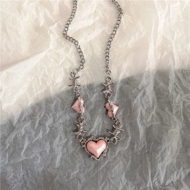 Lunivop Y2k Cool Star Black Cross Pink Thorns Heart Bowknot Pendant Clavicle Chain Necklace For Women Egirl Men EMO Grunge Jewelry Gift