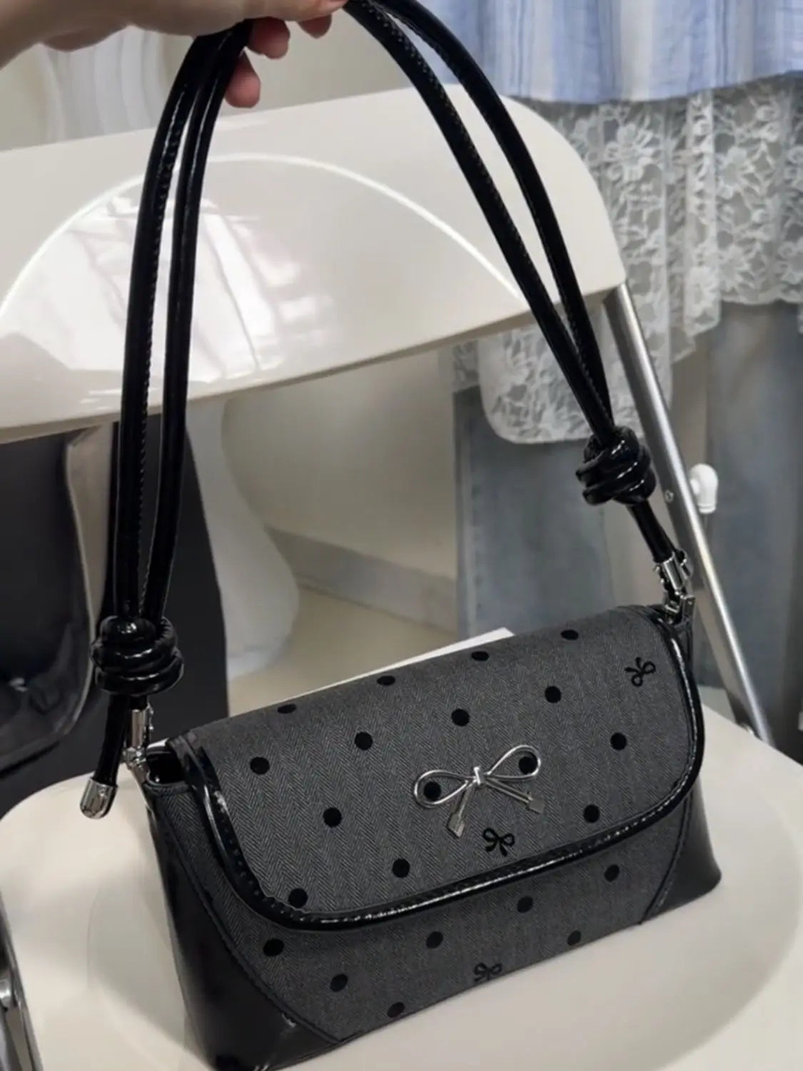 Lunivop Sweet Cool Bow Black Underarm Bag Purse Women Fairycore Aesthetic Dot Y2k Shoulder Bags Ladies Harajuku Square Handbag