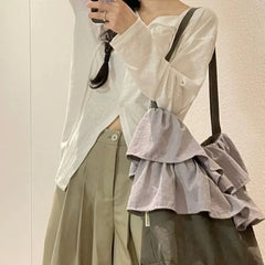 Lunivop  Retro Ruffle Gray Tote Bag Women Canvas Patchwork Large Capacity Bucket Bag Ladies Everyday Casual Harajuku Style Shoulder Bags