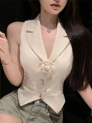 Lunivop  V Neck Cropped Suit Vest Women 3D Floral Elegant Sleeveless Sweet Slim Tanks Korean Fashion Casual Female Summer New Tanks
