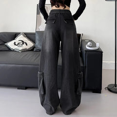 Lunivop  American Hip Hop Big Pocket Cargo Jeans Women Autumn Winter Oversized Wide Leg Jeans Popular Vintage Blue Denim Pants Mujer