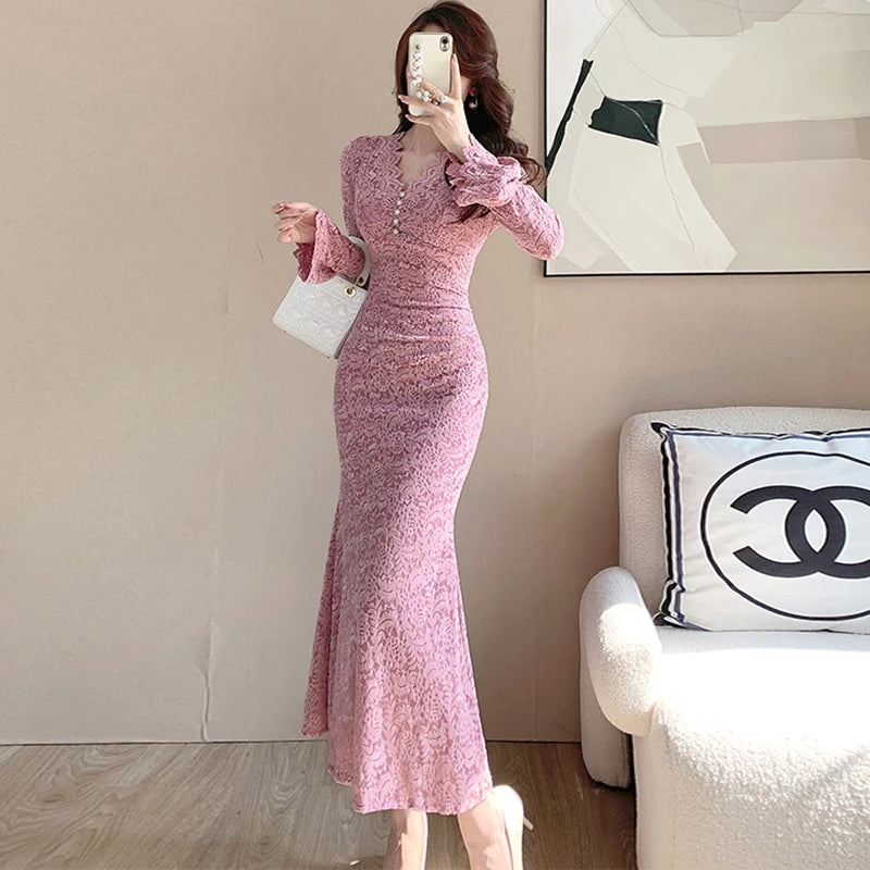 Lunivop  Autumn Winter Pink Lace Hook Flower Hollow Prom Vestidos Women Fashion Bodycon Party Dress and Events Korean Casual Dresses