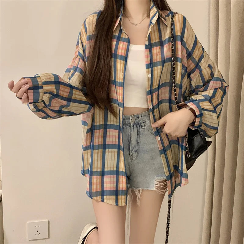 Lunivop Tops Women Sheer Chiffon Plaid Shirt Long Sleeve Button Up Collared Oversize Checked Shirts and Blouse Summer Casual Outfit
