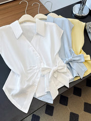 Lunivop  Cute Bow Women White Shirt Casual Elegant Vintage V Neck Sweet Blouse Korean Retro Summer Design Single Breasted Lady Tops