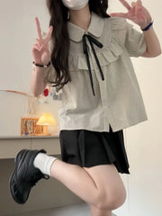Lunivop  Preppy Style Peter Pan Collar Ruffles Puff Sleeve Shirts  Women+ High Waist Ruched Skirts Summer New Two Piece Sets