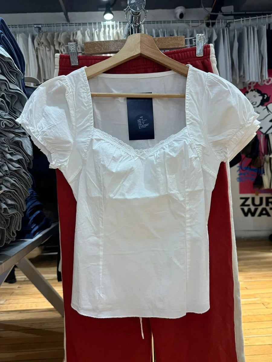 Lunivop  White Lace Trim Short Puff Sleeve Tees Women Summer Cotton Back Lace-up Square Collar T-shirt Blouse Sweet Cute Casual Crop Top