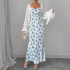 Lunivop  Women's Long-sleeved V-neck Dress Chiffon Patchwork Knitted Printed Hip-hugging Long Skirt