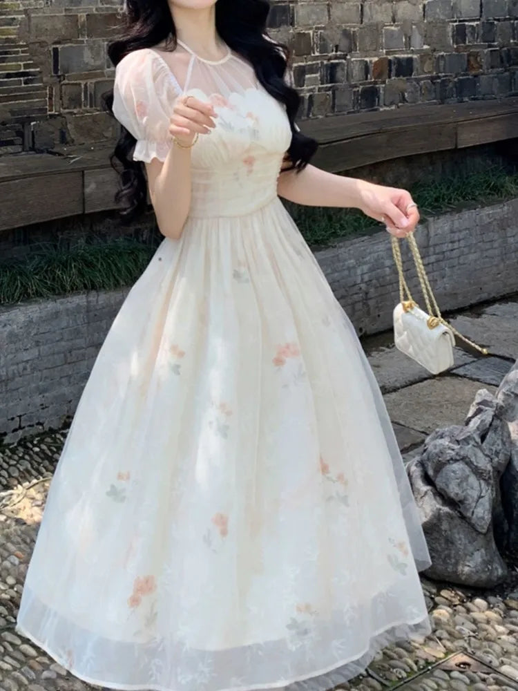 Lunivop  Soft Temperament Slimming Waist Floral Print Long Dresses 2025 Fairycore Princess Sleeves O-Neck Dress Damen kleider Summer New