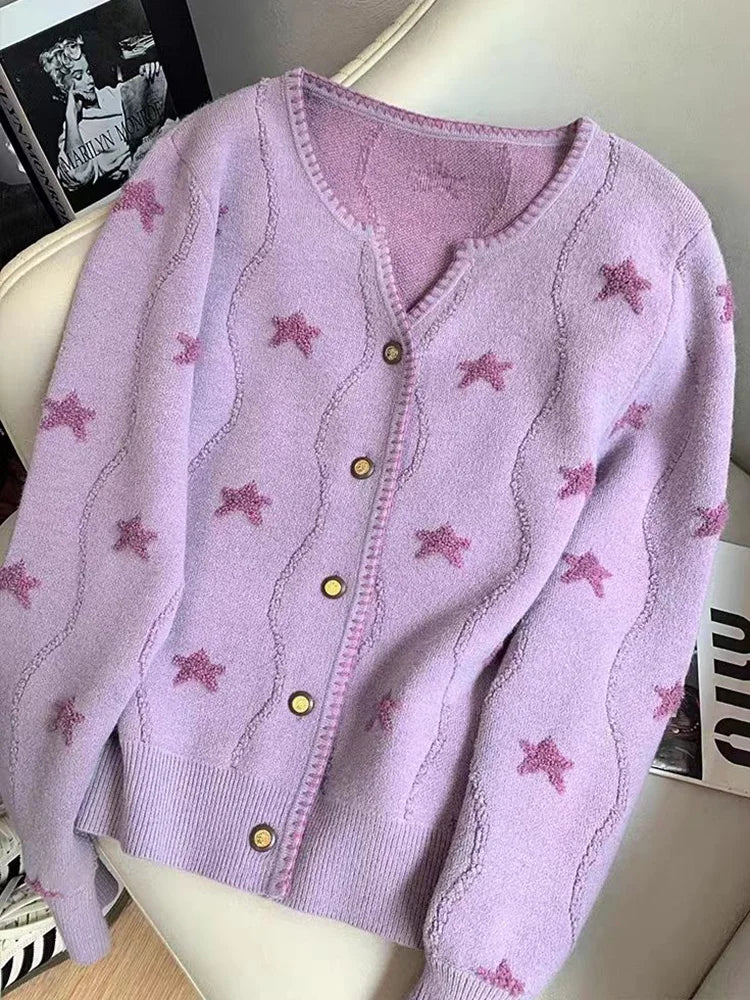 Lunivop Stars Print Vintage Cardigan Women Casual Cute Long Sleeve Loose Knitted Sweater Korean Retro O Neck Female Purple Tops New