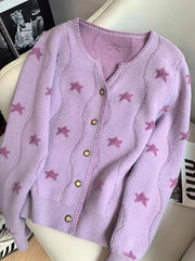 Lunivop Stars Print Vintage Cardigan Women Casual Cute Long Sleeve Loose Knitted Sweater Korean Retro O Neck Female Purple Tops New
