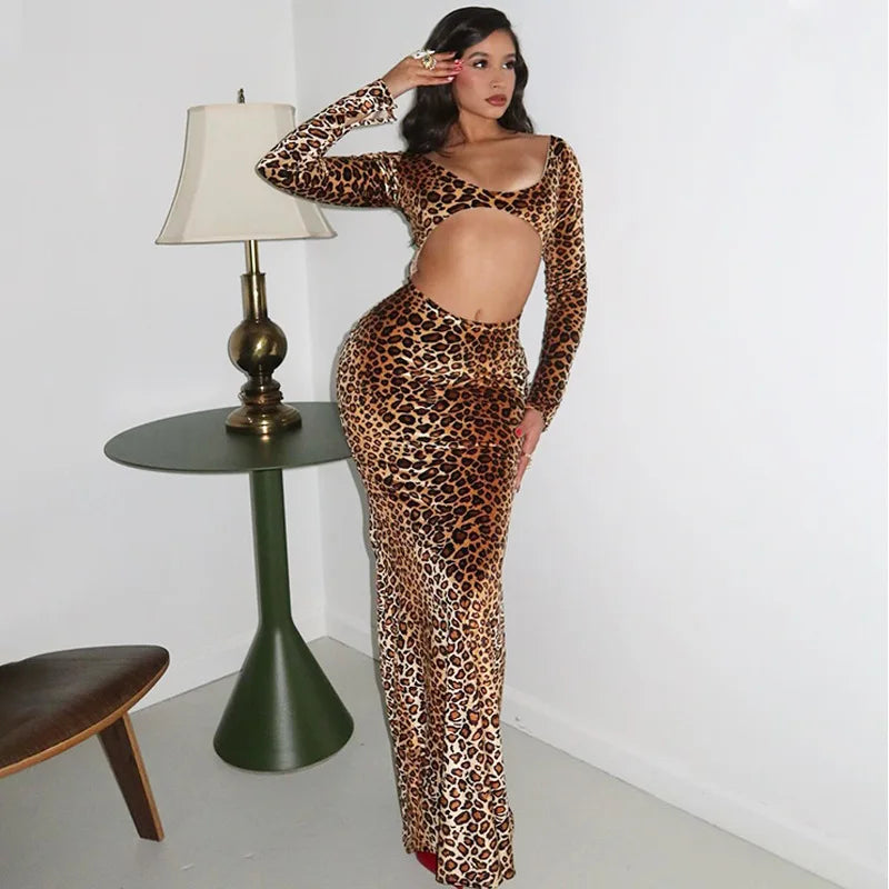 Lunivop Fashion Leopard Print Maxi Dress for Women Sexy Hollow Out Slim Evening Party Dresses Autumn Winter Long Sleeve Club Outfit