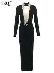 Lunivop Spring New Fashion Long Sleeve Women Dresses Pearl Necklace Hollow Out Right Angled Shoulder Long Dress Female