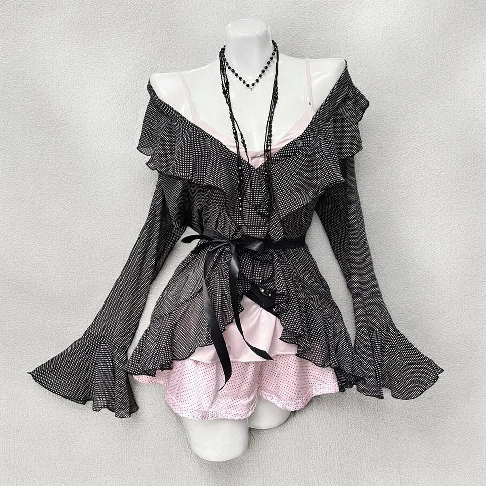 Lunivop  Japanese Kawaii Shorts Sets Casual Cardigan Sweet Print Strap Tops Harajuku Y2k Shorts Female Elegant Lolita Outifits Set