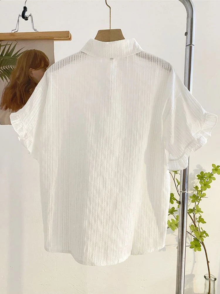 Lunivop  Fashion Casual White Shirt Women Sweet Flare Sleeve Cute Blouse Loose Preppy Style Female Summer Chic Simple All Match Tops