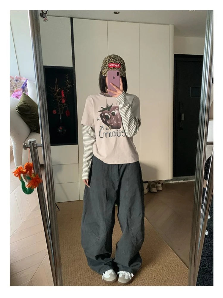 Lunivop Y2K Vintage Wash Women Cargo Jeans Harajuku Scimitar Wide Leg American Retro Denim Pants Baggy Trousers Gyaru Streetwear