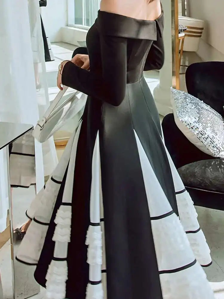 Lunivop Elegant Luxury Evening Dress Slash Neck Long Sleeve Slim Contrast Color Patry Dresses For Women New Spring