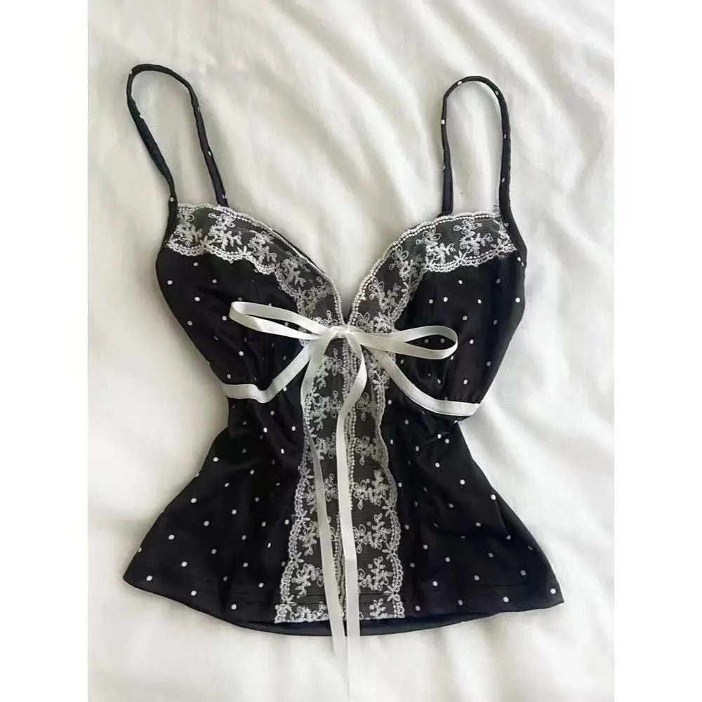 Lunivop  French Style Sexy Sleeveless Sling Tanks Lace Up Polka Dot Slim Crop Top Korea Chic All-match Gentle Casual Sweet New Tee